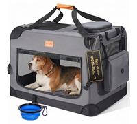 Morpilot Large Dog & Cat Carrier | Soft-Sided Pet Travel Crate, Foldable Dog Car Crate for Max 18kg, with Collapsible Bowl, Shoulder Strap & Storage Pockets, Grey