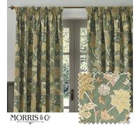 Morris&Co. Cray Pencil Pleat Curtain Pair - Lined Velvet Floral River-Inspired Drapes (Sage/Sunflower - 117x137cm)