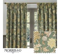Morris&Co. Cray Pencil Pleat Curtain Pair - Lined Velvet Floral River-Inspired Drapes (Sage/Sunflower - 229x229cm)