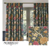 Morris&Co. Cray Pencil Pleat Curtain Pair - Lined Velvet Floral River-Inspired Drapes (Indigo/Berry - 168x183cm)
