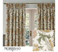 Morris&Co. Cray Pencil Pleat Curtain Pair - Lined Velvet Floral River-Inspired Drapes (Stone/Clay - 229x183cm)