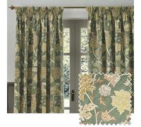 Morris&Co. Cray Pencil Pleat Curtain Pair - Lined Velvet Floral River-Inspired Drapes (Sage/Sunflower - 117x137cm)