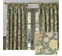 Morris&Co. Cray Pencil Pleat Curtain Pair - Lined Velvet Floral River-Inspired Drapes (Sage/Sunflower - 168x229cm)