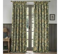 Morris&Co. Cray Pencil Pleat Curtain Pair - Lined Velvet Floral River-Inspired Drapes (Sage/Sunflower - 229x183cm)