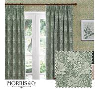 Morris&Co. Marigold Pencil Pleat Curtain Pair - Jacquard Lined Floral Heritage Drapes (Leaf Green - 117x183cm)