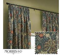 Morris&Co. Seaweed Pencil Pleat Curtain Pair - Lined Velvet Floral Art Nouveau Drapes (Indigo - 229x137cm)