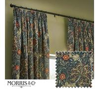Morris & Co Seaweed Printed Velvet Room Darkening Pencil Pleat Curtain Pair Indigo (W)117Cm X (D)137Cm
