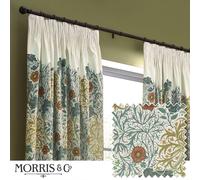 Morris&Co. Seaweed Pencil Pleat Curtain Pair - Lined Velvet Floral Art Nouveau Drapes (Stone/Sunflower - 168x183cm)