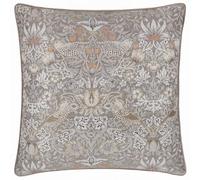Morris&Co. Strawberry Thief Feather Rich Filled Cushion - Jacquard Velvet Pillow with Piped Trim (Biscuit - 55x55cm)