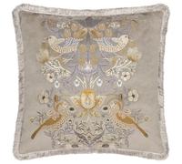 Morris&Co. Strawberry Thief Feather Rich Filled Cushion - Piped Embroidered Velvet Pillow with Fringed Trim (Biscuit - 50x50cm)