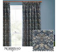 Morris & Co Strawberry Thief Jacquard Floral Room Darkening Pencil Pleat Curtain Pair in Indigo | Size: 168Cm Width X 183Cm Drop