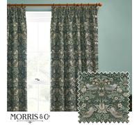 Morris & Co Strawberry Thief Jacquard Jacquard Floral Room Darkening Pencil Pleat Curtains in Green | Size: 229 cm width x 229 cm drop Morris & Co Green 229 cm width x 229 cm drop