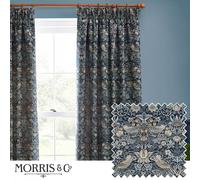 Morris&Co. Strawberry Thief Pencil Pleat Curtain Pair - Iconic Bird & Floral Jacquard Lined Velvet Drapes (Indigo - 168x137cm)