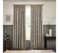 Morris&Co. Strawberry Thief Pencil Pleat Curtain Pair - Iconic Bird & Floral Embroidered Lined Velvet Drapes (Biscuit - 229x229cm)