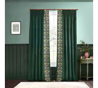 Morris&Co. Strawberry Thief Pencil Pleat Curtain Pair - Iconic Bird & Floral Embroidered Lined Velvet Drapes (Forest Green - 229x137cm)