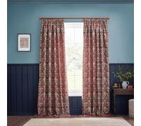 Morris&Co. Strawberry Thief Pencil Pleat Curtain Pair - Iconic Bird & Floral Jacquard Lined Velvet Drapes (Berry - 117x137cm)