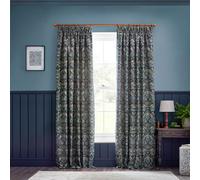 Morris&Co. Strawberry Thief Pencil Pleat Curtain Pair - Iconic Bird & Floral Jacquard Lined Velvet Drapes (Indigo - 168x183cm)