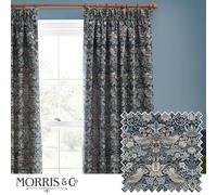 Morris&Co. Strawberry Thief Pencil Pleat Curtain Pair - Iconic Bird & Floral Jacquard Lined Velvet Drapes (Indigo - 168x229cm)