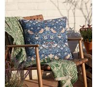 Morris&Co. Strawberry Thief Outdoor Cushion - Iconic Songbird Print Water Resistant Garden Pillow with Piped Trim (Indigo - 50x50cm)