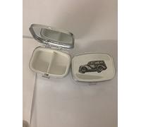 Morris Minor Traveler ref161 pewter effect car emblem on travel silver rectangular metal pill box