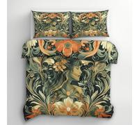 Morris Style Duvet Cover Double Bedding Set, Art Nouveau Vintage Pattern, Reversible Design Bedroom Decor Bed Quilt Cover with 2 Pillowcases, Microfiber, Zip - SMK6810