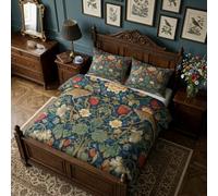 Morris Style Floral Duvet Cover Double Bedding Set, Boho Strawberry Thief Pattern, Reversible Design Bedroom Decor Bed Quilt Cover with 2 Pillowcases, Microfiber, Zip - SMK19595