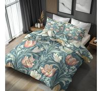 Morris Style King Size Duvet Cover Sets - Vintage Floral Leaf Boho Bedding & Bedroom Decor, Super Soft Microfiber Quilt Cover and 2 Pillowcases, with Zip, Reversible Design j0bas-58