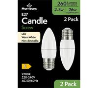 Morrisons Light Bulb LED Candle Frosted Screw E27 Warm White 2.3W 260 Lumens 2pcs