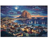 Morro Bay Scenic Coastal Puzzle, Morro Rock Vibrant Night Coastal Town Moonlit Seascape, Beach House Decor, (1000 Pieces)