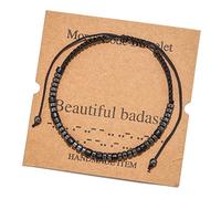 Morse Code Bracelets for Women & Men - Funny & Motivational Valentine's Day Gifts, Adjustable Black Silk Beaded Stretch Bracelets
