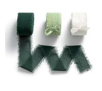 MORSUNBELA Chiffon/Silk Blend Fabric Ribbon, 3 Rolls of 2.5 cm x 640 cm, Green, Fringe Pattern, Elegant, Multiple Occasions (Birthday, Wedding, Holidays)