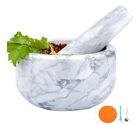 Mortar and Pestle Set Polished Natural Marble Stone Guacamole Molcajete Bowl with Base Silicone Pad,Matching Stainless Spoon and Matching Small Brush (Large, White Gray)