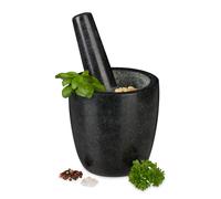 Relaxdays 10029953 Pestle, Spices, Herbs, Polished Stone Mortar, Ø 13 cm, Vol. 500 ml, Granite, Black