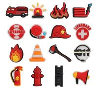 mortd Fireman Theme Shoe Decoration Charms, 16PCS Firefighter Fire Truck Fire Extinguisher Fire Hydrant Charms for Shoe Wristband, PVC Shoe Charms for Party Favor Adults Holiday Birthday Gifts
