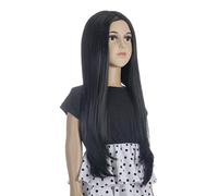 Morticia Long Straight Middle Parting Girls and Kids Halloween Costume Pretend Play Wig (Black)