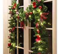MorTime 9 FT LED Christmas Garland with Pinecones Red Berries Bows Christmas Balls Candies, Multi-Function Christmas Garland with 50 Warm White LED Lights, 180 Branch Tips