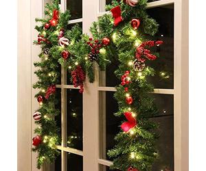 MorTime 9 FT LED Christmas Garland with Pinecones Red Berries Bows Christmas Balls Candies, Multi-Function Christmas Garland with 50 Warm White LED Lights, 180 Branch Tips