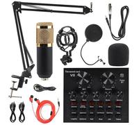 MorTime Condenser Microphone Bundle, Live Sound Card, Adjustable Boom Arm, Shock Mount, Metal Mic Pop Filter, Sponge Pop Filter Cover, Earphone, Audio Cables and Power Cable, Set of 11 Mic Kit