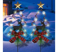 MorTime Set of 2 Solar Lighted Christmas Garden Stakes, LED Christmas Tree with Reindeer Yard Stake Lights for Outdoor Garden Pathway Holiday Christmas Decoration