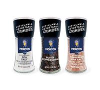 Morton Grinder Set - Himalayan Pink Salt (2.5 oz), Sea Salt (2.5 oz) & Black Peppercorn (1.2 oz), Adjustable & Refillable Grinders, Ideal for Cooking, Seasoning, and Finishing, 3-Pack