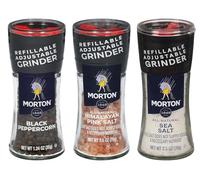Morton Grinder Set - Himalayan Pink Salt (2.5 oz), Sea Salt (2.5 oz) & Black Peppercorn (1.2 oz), Adjustable & Refillable Grinders, Ideal for Cooking, Seasoning, and Finishing, 3-Pack