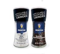 Morton Grinder Set - Sea Salt (2.5 oz) & Black Peppercorn (1.25 oz), Adjustable & Refillable, Ideal for Cooking, Seasoning, and Finishing, 2-Pack