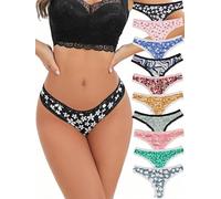 Morvia 10-Pack Women Sexy Coquette Contrast Lace Trims Floral Print Thongs Underwear, 10 Pack Floral, S