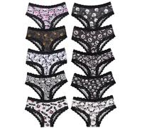Morvia 10pcs Women's Gothic Contrast Lace Halloween Skull & Rose Print Hipster Panties Assorted Styles, Multicolor 1, XXL