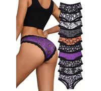 Morvia 10pcs Women's Gothic Contrast Lace Halloween Skull & Rose Print Hipster Panties Assorted Styles, Multicolor 3, L