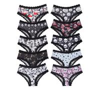 Morvia 10pcs Women's Gothic Contrast Lace Halloween Skull & Rose Print Hipster Panties Assorted Styles, Multicolor 2, XL