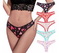 Morvia 5pcs Women Sexy Coquette Contrast Lace Trims Heart Floral Print Thongs Cute Valentine's Day Comfy Intimates Panties, Multicolor Heart Print, L