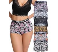 Morvia 6 Pack Gothic Halloween Print Boyshorts, High Waist Variety Underwear with Elastic Band, Skull Rose Stars Pattern, Multicolor 1, Large