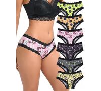 Morvia 6pcs Women Underwear Gothic Sexy Halloween Skulls Roses Allover Print Contrast Lace Hipsters Panties (US, Alpha, Medium, Regular, Regular, 6pcs Moon & Stars Print)