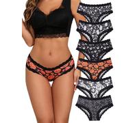 Morvia 6pcs Women Underwear Gothic Sexy Halloween Skulls Roses Allover Print Contrast Lace Hipsters Panties